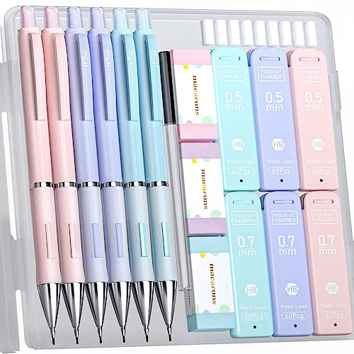 Four Candies Cute Mechanical Pencil Set, 6PCS Pencils 0.5 mm & 0.7mm with 360PCS Lead Refills, Pastel Erasers, Case for School Supplies