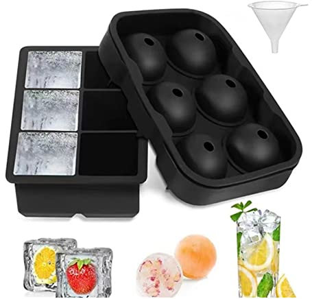 Silicone Ice Cube Trays (Set of 2), Sphere Ice Ball Maker with Lid & Large Square Moulds, Reusable for Baby Food, Freezer, Water, Whiskey, Cocktail and Other Drink