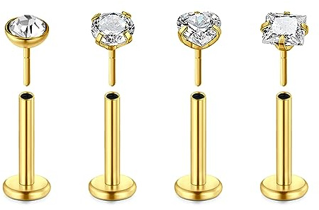 Rajnard 16G 8MM Tragus Pendientes de Acero Inoxidable Labio Anillos de Oro Labret Monroe Piercing Push In Helix Piercing Threadless Labio Stud Anillos 4PCS