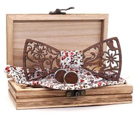 URFEDA Noeud Papillon en Bois Fait Main, 4 Pièces Marron avec Boutons de Manchette, Mouchoir et Broche, Coffret en Bois pour Homme Mariage Réception Soirée Business, Cadeau