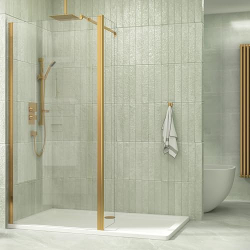 Brushed Brass 700mm Wet Room Walk in Shower Screen with 300mm Flipper Panel + 8mm Clear Easy Clean Safety Tempered Glass Panel & Stainless Steel Support Bars Shower Enclosure Cubicle 1850mm Height