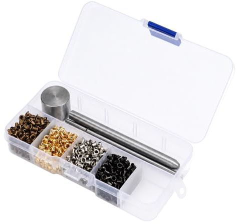 Yosoo Health Gear kopparöljetter set 800 uppsättningar flerfärgade, 2 mm, minijärn, mässing, runda öglor, set med 3 delar installationsverktyg och förvaringslåda, självhäftande.