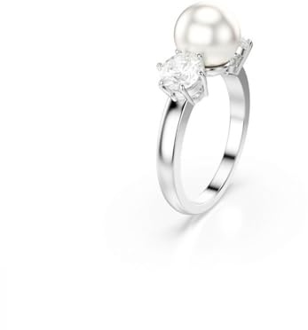 Swarovski Anillo de cóctel Matrix, Perla de cristal, Talla redonda, Blanco, Baño de rodio