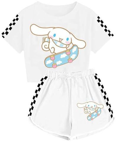WANHONGYUE Kawaii Cartoon Ensemble Short et Crop Top Femme Survêtement de 2 Pièces Été Fille T-Shirt à Manches Courtes + Pantalon Court pour les Activités Sportives