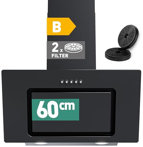 HEINRICHS Dunstabzugshaube, 60cm Abluft/Umluft-Dunstabzugshaube, 300m³/h Saugkraft, platzsparend, mit LED Beleuchtung, 3 Geschwindigkeitsstufen, inkl. Aktivkohlefilter, 69W Leistung, Schwarz