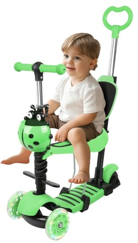Trottinette pour Enfants, Trottinette 3 Roues LED, Trottinette évolutive 5 en 1 Guidon Réglable en Hauteur Canne Telescopique Selle Dossier Amovible, Polyvalent et Amovible-Vert