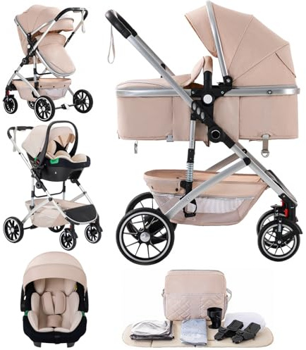 Lnhcrbs Passeggino 3 in 1, Telaio del Passeggino Leggero con Maniglia di Spinta Regolabile in Altezza, Carrozzina Reversibile Rivestita con Zanzariera, Sacca per La Mamma e Portabottiglie,Beige