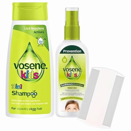 Vosene Kids Head Lice Defence 3pcs Set – 3in1 Shampoo 250ml, Defence Spray 150ml & Nit Comb – Complete Lice Protection & Daily Hair Care with Welari Thank You Card | (3 Pack)