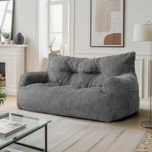 Fkhouse 59 Bean Bag Chair,2 Seat Loveseat Sofa,Corduroy Lazy Sofa Bed for Adults,Fit Living Room, Bedroom,Outdoor Spaces,Ultra Soft Dutch Velvet,Fluffy Comfort Washable Cover,72h Rebound,Gray