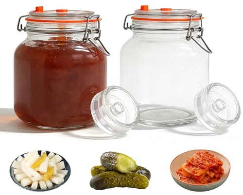 Fermenteringsglas 2 l, jäsbehållare med luftlås, glas för fermentering för kimchi, surkål, surdeg, fermenteringsglas med silikonlock och jäsvikt, 2 stycken