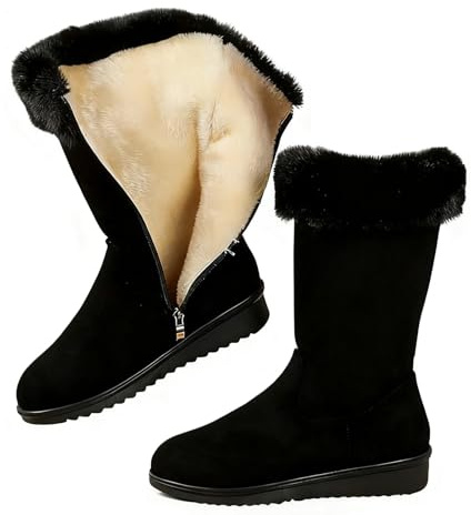 GHTRHSB Stivali lunghi da donna, morbidi e caldi, foderati in pelliccia, casual, invernali, vintage, in pelle scamosciata, antiscivolo, a metà polpaccio, con cerniera laterale, Nero , 40.5 EU