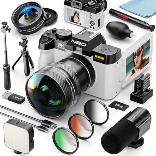 NBD Appareil Photo Numérique 8K 64MP: *​Kit 16-en-1​* avec Autofocus, Écran Orientable 180°, Zoom 16X, WiFi, Carte 64GB + 2 Batteries (Blanc)
