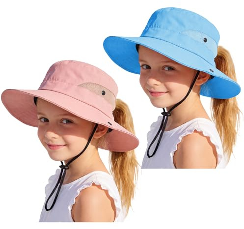 Zando 2 Pcs Ponytail Hole Kids Sun Hat UPF 50+ Girls Beach Bucket Hat Sun Protection Wide Brim Foldable Youth Summer Cap Adjustable Child Breathable Waterproof Fishing Safari Swim Pink Blue 4-8 T