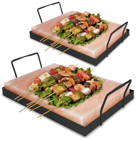 Jaxguom 2 x pack XXL saltsten för grillning, 20 x 30 x 3 cm salt grillstenar med järnplatta, återanvändbar saltgrillsten, original kristallsalt från förberedelsen, saltplatta för grillning för BBQ