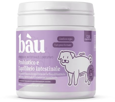 Bau Probiotici per Cani, Fermenti Lattici Cane, Supporto Gastrointestinale Cane, Probiotico Digestivo per Cani Prurito, Integratore Diarrea Cane con Ingredienti Naturali, Probiotico Cane -120cps