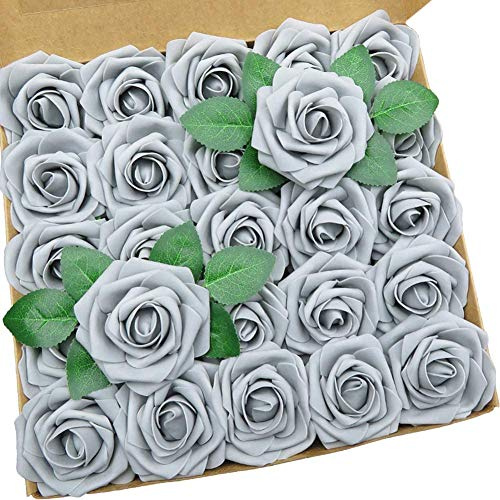 Ancokig 25 Piezas Flores Rosas Artificiales Espuma Rosa Falsa con Tallos para Boda Nupcial Ramos Centros de Mesa Preparativos Partido Hogar Decoración (Gris)