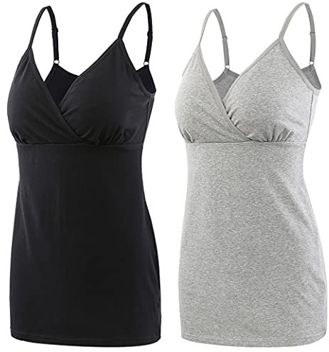 COLOMI Still-Tanktops für Mutterschaft Unterhemden für Schwangere BH zum Stillen Basic Camisole (Black+Grey/2Pack, M)