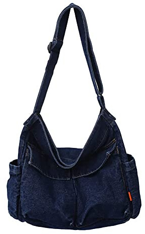 Sumleno Bolso mensajero de lona, cruzado, bandolera, grande, bohemio, hípster, hobo, jipi, estético, de hadas, grunge, Azul mezclilla, Medium