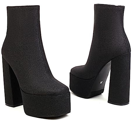 CRETUAO Botines Plataforma con Purpurina para Mujer,tacón Grueso Sexy Punta Redonda, Tacones Altos para Boda,Modelo de Moda Club Nocturno Danza Botines de tacón Alto,Negro,37.5 EU