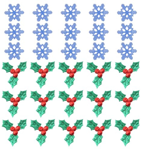 HugeDE 150 Pcs Tiny Plastic Snowflakes Holly Leaves Berries Christmas Holly Leaf Decorations Small Snowflake Ornaments for Christmas Tree Blue