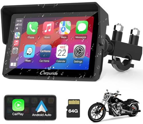 2025 Carpuride W502 Motorcycle Carplay and Android Auto IP67 Waterproof Portable Car Stereo, 5 IPS Touch Screen with Dual Bluetooth, Navigation/Siri for Motorbike