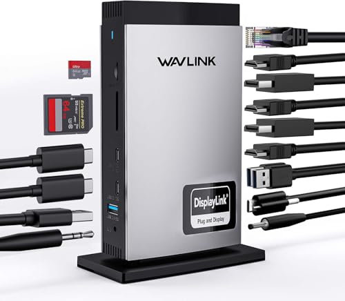 WAVLINK USB C Laptop Docking Station con 3 HDMI, DisplayLink Triple Monitor 4K60Hz, 15 in 1 Triplo Display per M1 M2 M3 Mac e Windows, 5 Porte USB, 2DP, Audio/Mic, SD/TF, (Nessuna ricarica del laptop)