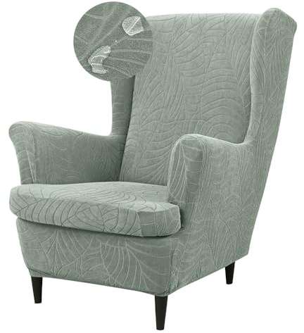 Highdi Wingback Chair Covers 2 Piece Waterproof Jacquard Fabric Stretch Wing Chair Slipcover Elegant Leaves Armchairs Sofa Covers Furniture Protector for Living Room Bedroom Hotel (Matcha green)