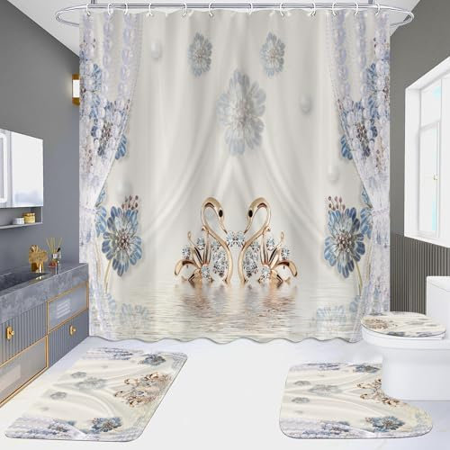 Duschvorhang Beige Gold Blau Badezimmermatte Verdickung Bad Teppiche Set, Duschvorhang Stoff+Bath Mat rutschfeste(50x80cm)+U-Typ Fußmatte Wasseraufnahme+Toilette Badmatte