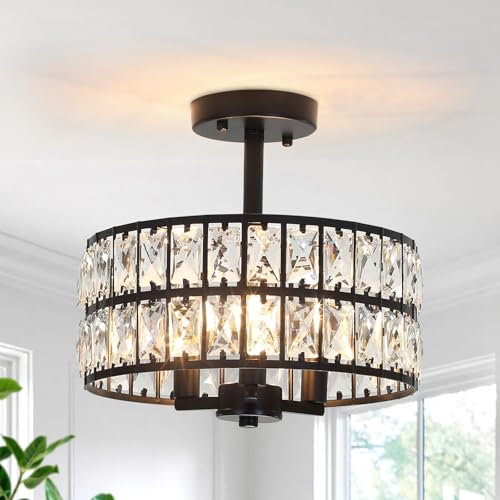 ASHUAQI Black Crystal Ceiling Lights Living Room, 3-Light E14 Modern Crystal Chandelier, Semi Flush Mount Chandeliers Ceiling Light for Kitchen, Bedroom, Hallway, Lounge, Dining Room