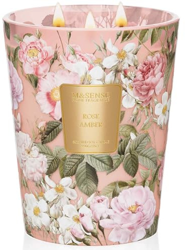 M&SENSE Candela profumata a forma di rosa e ambra, candele grandi candela rossa, 3 stoppini in cera di soia naturale per la casa regalo donna compleanno san valentino, 990g, durata fino a 150 ore