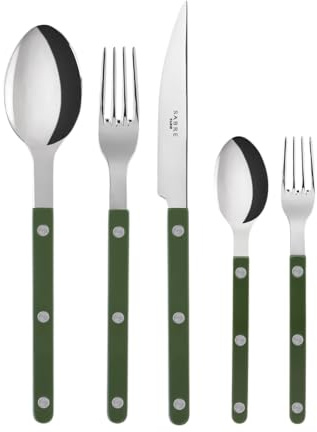 SABRE PARIS – bordsbestick, 5 delar – bistrod – kniv, gaffel, matsked, tesked och kakgaffel – rostfritt stål och nylon – diskmaskinssäker – grön
