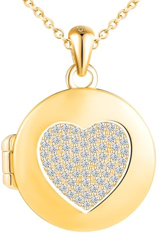 MICSAVI Argent 925 Collier Photo Rond pour Femme, Chaîne avec Pendentif Rond avec Zircone en forme de Cœur Médaillon Porte Photo Personnalisable Bijoux pour Image pour Fille Mère Épouse