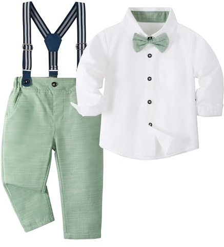 Volunboy Baby pojkar kostym set kläder skjorta med fluga hängslen byxor sparkbyxor kostym, Ljusgrön, 4-5 Jahre