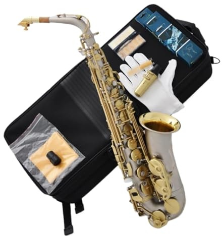 Professionell Saxofon Satin Nickel Gold Flared Altsaxofon Eb Med Munstycke Rörblad