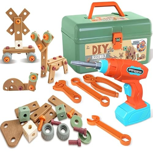 LEZKIDOL 154 Piezas Caja Herramientas Juguete con Destornillador Eléctrico, Montessori Construcción Educativos Juguetes, Herramientas Regalo para Niños Niñas 3 4 5 6 Años