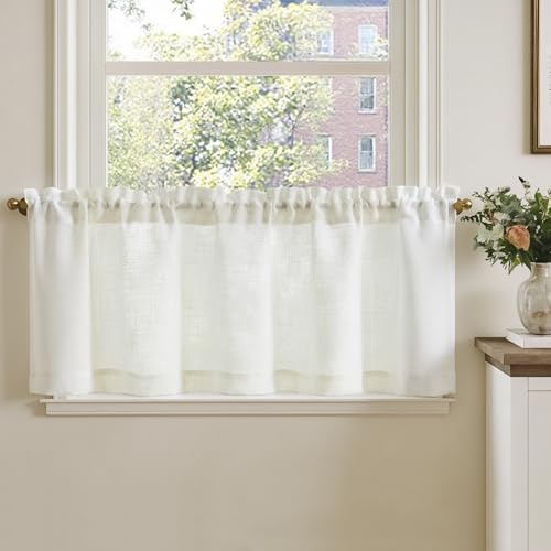 TOPICK Linnefönstergardiner 125 l x 40 cm, vit, 1 st | fönster dörr lantlig stil husvagn balkong kort halvgenomskinlig rustik vardagsrum dusch gardin inomhus