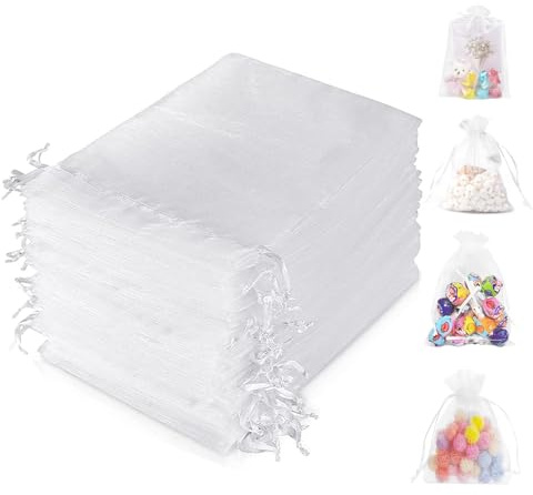 AMSGANK White Organza Gift Bags, 100pcs 10x15cm Organza Gift Pouches Mesh Wedding Favour Gift Bags with Drawstring for Lavender Jewelry Candy Party Christmas Festival Wedding Packing