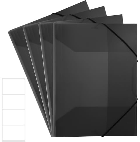 Thboxes 4 Pezzi Cartella Portadocumenti A4, Traslucida Cartellina con Elastico e Alette Interne, Cartelline Porta Documenti in Plastica Cartellina Portadocumenti per Scuola Ufficio, Nera/con Etichette