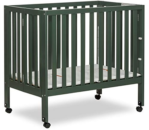 Dream On Me Jett Mini Folding Baby Crib in Olive, GreenGuard Gold & BSA, Lightweight & Portable, Patented Flat Folding System for Small Spaces & Travel, 1.5” Mattress Pad, 3 Heights, Safe Wheels