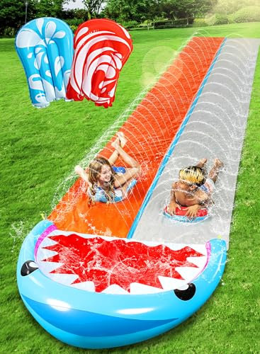 Sloosh 22,5ft/685,8cm Wasserrutsche mit 2 aufblasbaren Boards, doppelte Rasen-Wasserrutsche mit fortschrittlichen Sprinklern, Sommerspielzeug für Kinder und Erwachsene, Spaß im Garten, Hai