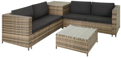 tectake Polyrattan Sitzgruppe für 4 Personen, Balkon Garnitur mit Sitzkissen, Aufbewahrungsbox draußen sowie Outdoor Couchtisch mit Glasplatte, Balkonmöbel Rattan - Natur/dunkelgrau