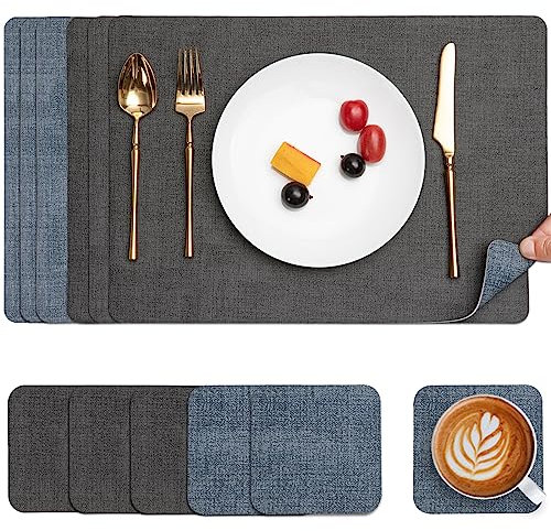 Myir JUN Tischsets Abwaschbar Leder und Untersetzer, Doppelseitigen Platzset 6er Set rutschfest Platzdeckchen Leder Kunstleder Tischset (Grau Hellblau, 6er Set)
