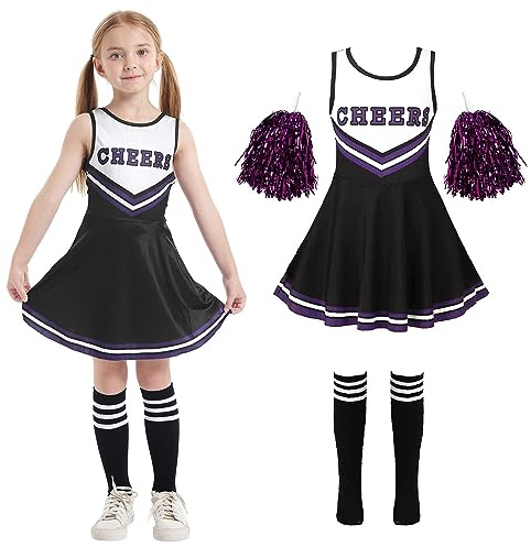 Cnexmin Deguisement Cheerleader Costume De Cheerleader Pour Filles Uniforme De Pom-Pom Girl Cosplay Costume Avec Pompoms Manches Costume Cheer Leader Halloween Carnaval Mascarade 3-4 Ans, Noir 110cm