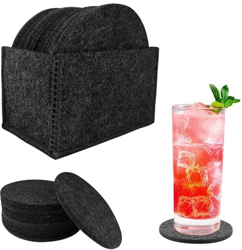 Nutabevr Filzuntersetzer Rund 12er Set mit 1 STK Aufbewahrungsbox, Glasuntersetzer in dunkelgrau Durchmesser von 10cm, Waschbarer Untersetzer, Filzuntersetzer für Tassen, Bar, Gläser,Tisch Deko