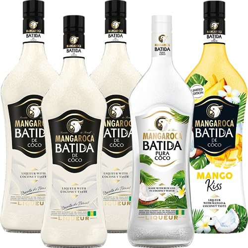 Mischpaket aus 6 Flaschen Mangarocca Batida (6x 0,7l) - bestehend aus 3 x 0,7l Mangaroca Batida de Côco, 1 x 0,7l Mangaroca Batida Pura Côco und 1 x 0,7l Mangaroca Batida Mango Kiss Limited Edition