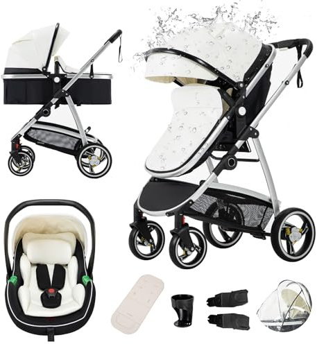 Gcarebb PU Leder 3 in 1 Kinderwagen, Buggy Mit Auto Babyschale, Mit Einem Klick Zusammenklappbarer Tragbarer Kinderwagen Komplettset, KombiKinderwagen Mit Aluminiumrahmen für Neugeborene 0-4 Jahre