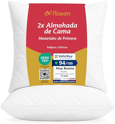 Flowen Almohadas para Cama 65x65 2 Unidades Relleno Cojin Hipoalergénico Antiácaros y Suave Cuadrado para Hogar con Funda de Almohada Acolchada Blanco Extraíble y Lavable