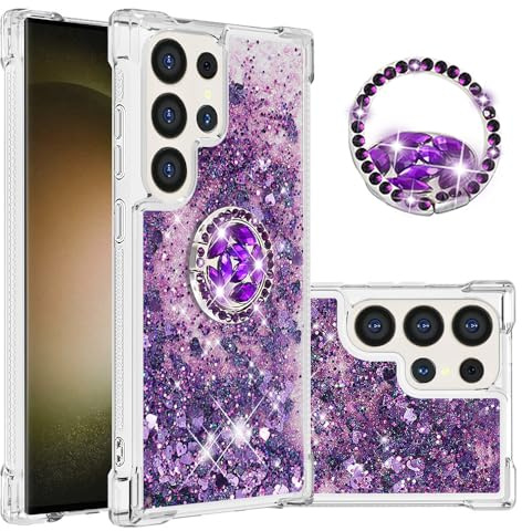 IMIRST telefonfodral kompatibelt med Samsung S25 Ultra (6,7 tum) bling flytande glitter diamantring skal stötsäker airbag skyddande fodral för Samsung Galaxy S25 Ultra. YBK kärlek lila