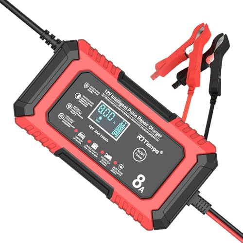 MXJFYY Laddare för batteri 12V8A LiFePO4, smart automatisk batterihållare med temperaturkompensation för båtar, SUV/LITHIUM, LiFePO4 och blysyra (AGM, GEL, MF, EFB, SLA)