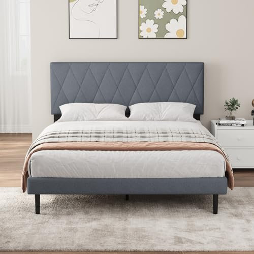 VOWNER Cama Doble Tapizada 140 x 200 cm, Estructura de Cama con Cabecero y Somier de Láminas, Soportado por Láminas de Madera Maciza, Estructura de Cama Estable, Gris Oscuro (140 × 200 cm)
